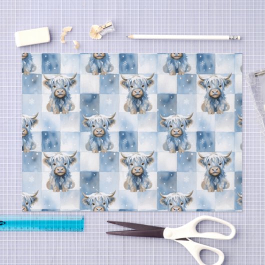 Blue Checkered Highland Cow Snowflake Winter Tissuepapier (Craft)