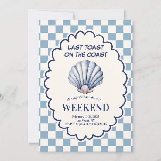 Blue Checkered Seashell vrijgezellenweekend Kaart (Voorkant)
