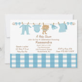 Blue Checkering Clothes Line Baby shower Invitatio Kaart (Voorkant)