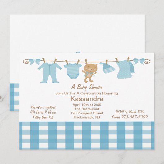 Blue Checkering Clothes Line Baby shower Invitatio Kaart (Voorkant / Achterkant)