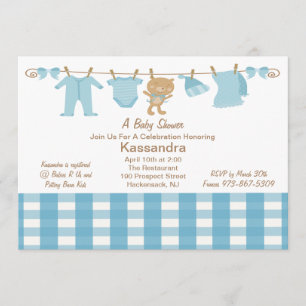 Blue Checkering Clothes Line Baby shower Invitatio Kaart