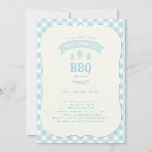 Blue Checks BBQ Boy Baby shower Summer Party Kaart (Voorkant)