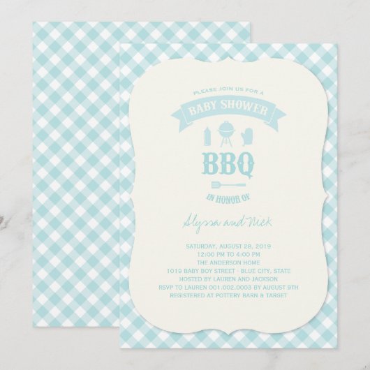 Blue Checks BBQ Boy Baby shower Summer Party Kaart (Voorkant / Achterkant)