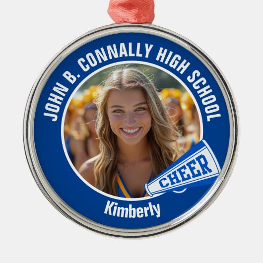 Blue Cheerleader Foto High School Kerstmis Metalen Ornament (Voorkant)