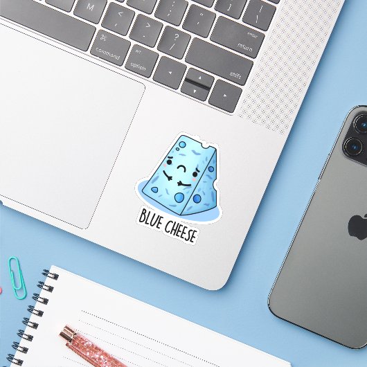 Blue Cheese Funny Sad Pun Sticker (Laptop met iPhone)