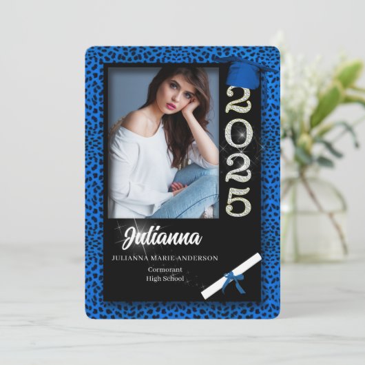 Blue Cheetah Print Class van 2025 Afstuderen Kaart (Staand voorkant)