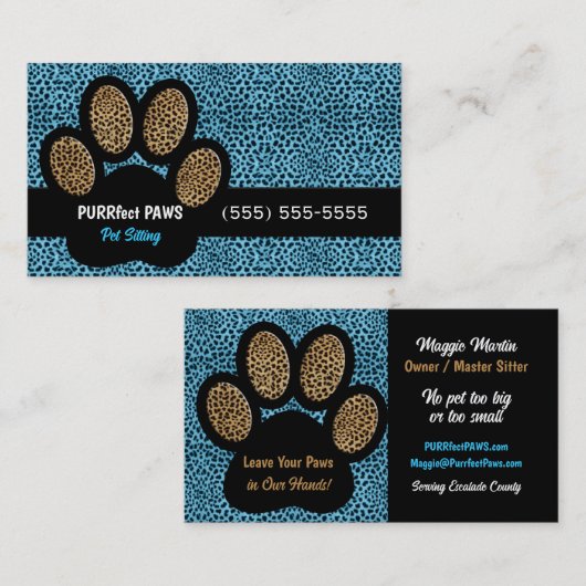 Blue Cheetah Print Custom Paw Pet Sitter Visitekaartje (Voorkant / Achterkant)