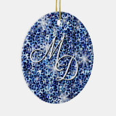Blue Cheetah Sparkles Monogram Keramisch Ornament (Rechts)