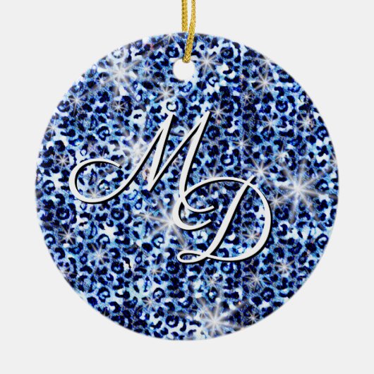 Blue Cheetah Sparkles Monogram Keramisch Ornament (Voorkant)