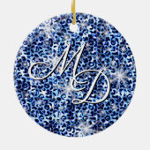 Blue Cheetah Sparkles Monogram Keramisch Ornament (Achterkant)
