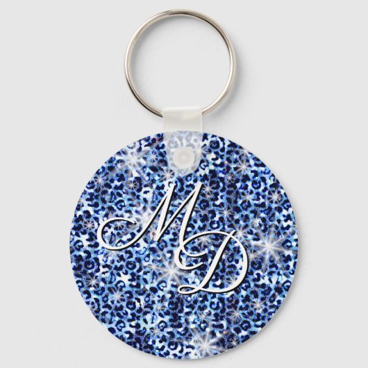Blue Cheetah Sparkles Monogram Sleutelhanger (Voorkant)
