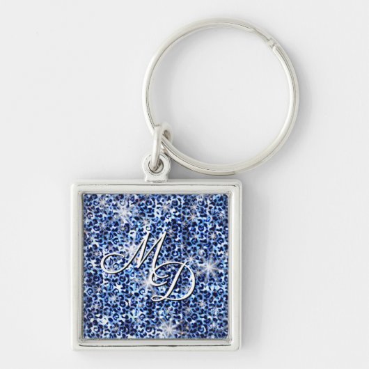 Blue Cheetah Sparkles Monogram Sleutelhanger (Voorkant)