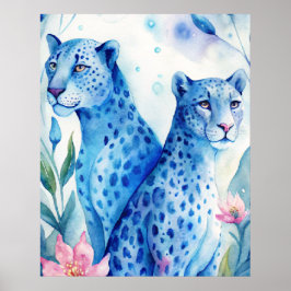Blue Cheetahs Art Print, Muurdecoratie Waterverf Poster