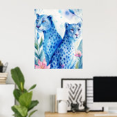 Blue Cheetahs Art Print, Muurdecoratie Waterverf Poster (Thuiskantoor)
