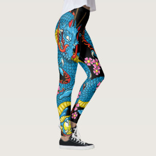 Blue Cherry Blossom Dragon Tattoo in zwart Leggings