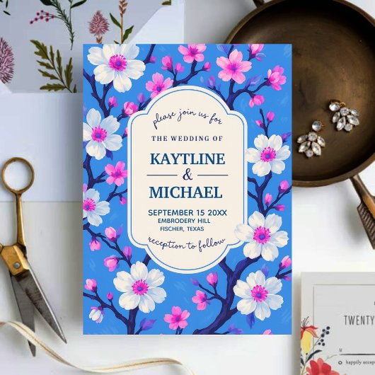Blue Cherry Blossom Elegant Floral Romantic Spring Kaart