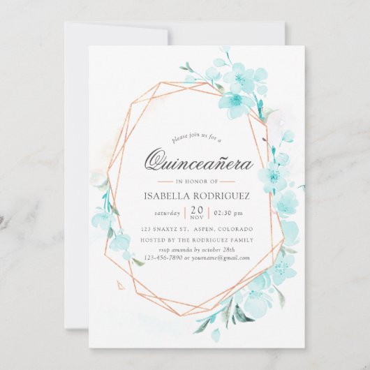 Blue Cherry Blossom Geometric Spring Quinceañera I Kaart (Voorkant)