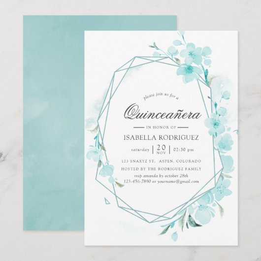 Blue Cherry Blossom Geometric Spring Quinceañera Kaart (Voorkant / Achterkant)