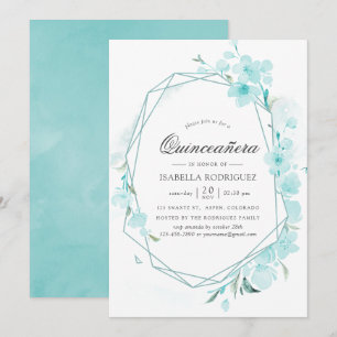 Blue Cherry Blossom Geometric Spring Quinceañera Kaart