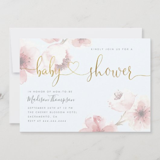 Blue Cherry Blossom Gold Script Floral Baby shower Kaart (Voorkant)