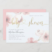 Blue Cherry Blossom Gold Script Floral Baby shower Kaart (Voorkant / Achterkant)