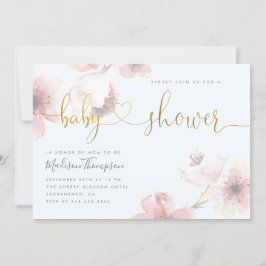 Blue Cherry Blossom Gold Script Floral Baby shower Kaart