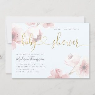 Blue Cherry Blossom Gold Script Floral Baby shower Kaart