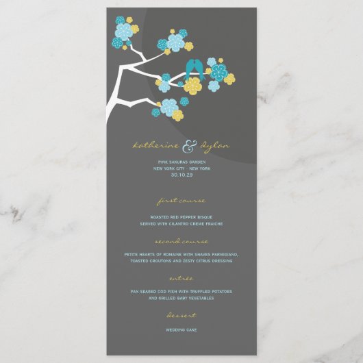 Blue Cherry Blossom Sakura Tortelduifjes Wedding Menu (Voorkant)