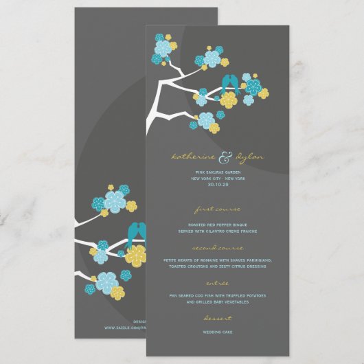 Blue Cherry Blossom Sakura Tortelduifjes Wedding Menu (Voorkant / Achterkant)
