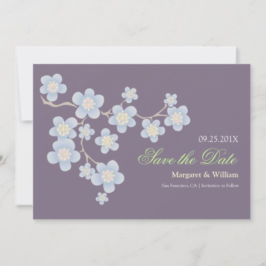 Blue Cherry Blossom Save the Date: Paars Date (Voorkant)