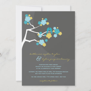 Blue Cherry Blossom Tortelduifjes Wedding Invite Kaart