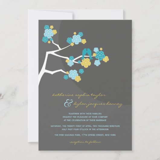 Blue Cherry Blossom Tortelduifjes Wedding Invite Kaart (Voorkant)