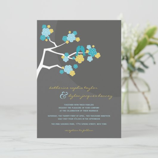 Blue Cherry Blossom Tortelduifjes Wedding Invite Kaart (Staand voorkant)