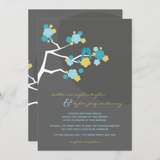 Blue Cherry Blossom Tortelduifjes Wedding Invite Kaart (Voorkant / Achterkant)
