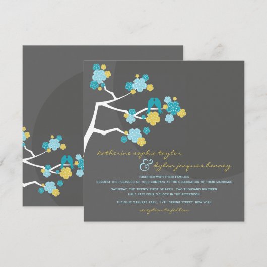 Blue Cherry Blossom Tortelduifjes Wedding Invite Kaart (Voorkant / Achterkant)
