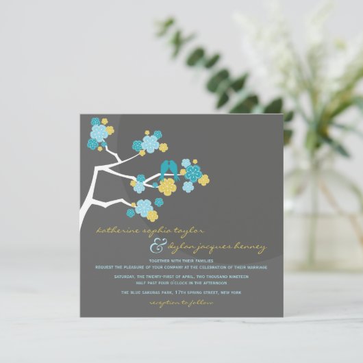 Blue Cherry Blossom Tortelduifjes Wedding Invite Kaart (Staand voorkant)