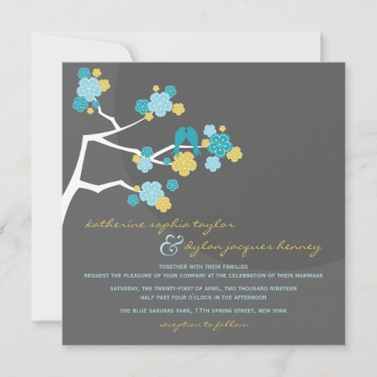 Blue Cherry Blossom Tortelduifjes Wedding Invite Kaart (Voorkant)