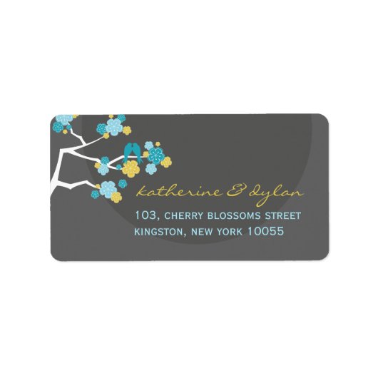 Blue Cherry Blossom Tortelduifjes Wedding Labels (Voorkant)
