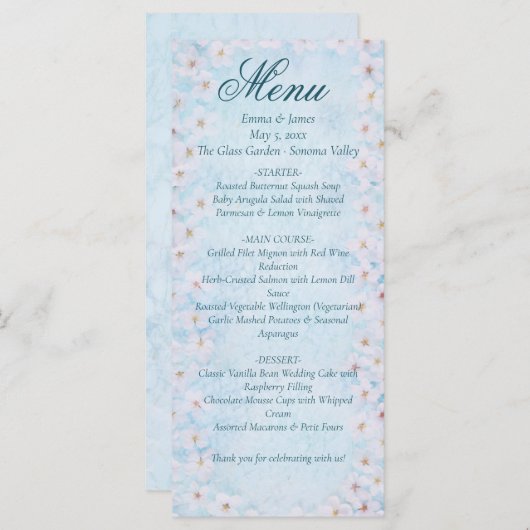 Blue Cherry Blossom Wedding Menu Kaart (Voorkant / Achterkant)