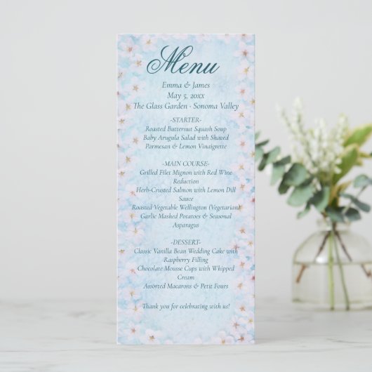 Blue Cherry Blossom Wedding Menu Kaart (Staand voorkant)