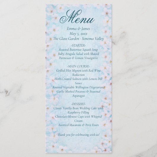 Blue Cherry Blossom Wedding Menu Kaart (Voorkant)