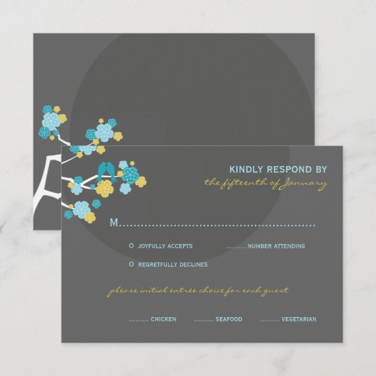 Blue Cherry Blossoms Tortelduifjes Bruiloft RSVP K (Voorkant / Achterkant)