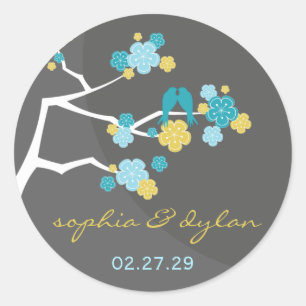Blue Cherry Blossoms Tortelduifjes Trouwstickers Ronde Sticker