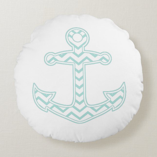 Blue Chevron Anchor Nautical Rond Kussen (Voorkant)