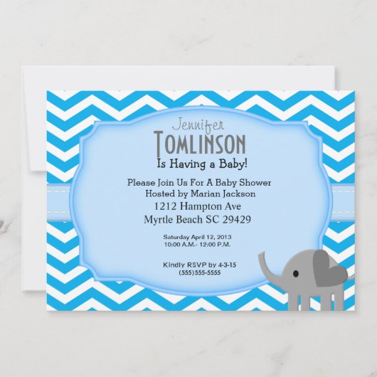 Blue Chevron and Elephant Baby shower Invitation Kaart (Voorkant)