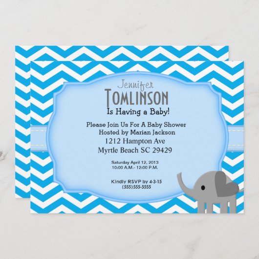 Blue Chevron and Elephant Baby shower Invitation Kaart (Voorkant / Achterkant)
