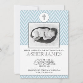 Blue Chevron Baby Baptism Christening Uitnodiging