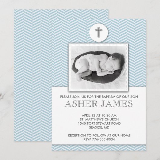 Blue Chevron Baby Baptism Christening Uitnodiging (Voorkant / Achterkant)