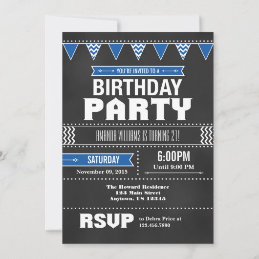 Blue Chevron Chalkboard Birthday Invitation Kaart (Voorkant)