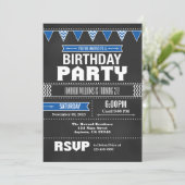 Blue Chevron Chalkboard Birthday Invitation Kaart (Staand voorkant)